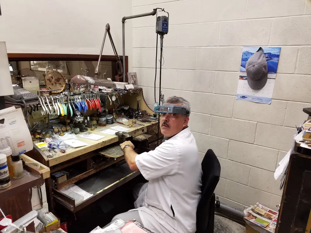 The jeweler's bench at Melby's, with hand tools, a flex-shaft and work in progress